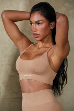 Low Back Define Luxe Sports Bra In Warm Taupe -Core Fit Shop BT0675 3 Definition Beige Low Back Crop Top