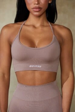 Low Back Define Luxe Sports Bra In Mocha -Core Fit Shop BT0675 5 Definition Tan Low Back Crop Top