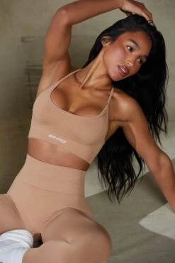 Low Back Define Luxe Sports Bra In Warm Taupe -Core Fit Shop BT0675 6 Definition Beige Low Back Crop Top