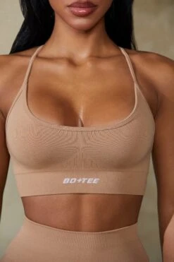 Low Back Define Luxe Sports Bra In Warm Taupe -Core Fit Shop BT0675 7 Definition Beige Low Back Crop Top
