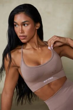 Low Back Define Luxe Sports Bra In Mocha -Core Fit Shop BT0675 7 Definition Tan Low Back Crop Top
