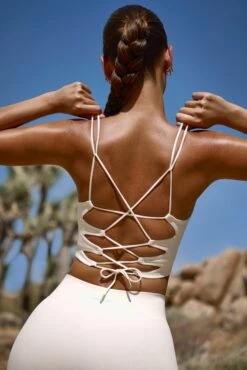 Plunge Neck Open Back FlexiRib Sports Bra In Bone