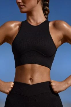 High Neck Open Back FlexiRib Sports Bra In Black -Core Fit Shop BT0719 1 Team Player Black High Neck Sports Bra