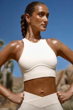 High Neck Open Back FlexiRib Sports Bra In Bone -Core Fit Shop BT0719 2 Team Player Ivory High Neck Sports Bra 2