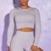 Long Sleeve High Neck Zip Crop Top In Lilac