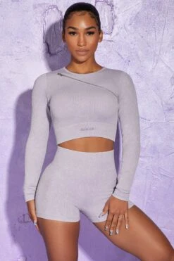 Long Sleeve High Neck Zip Crop Top In Lilac