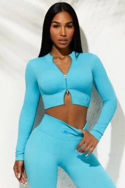 Long Sleeve Zip Crop Top In Blue