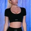 V Neck Short Sleeve Crop Top In Black -Core Fit Shop black 2 3