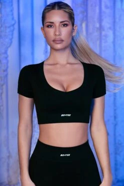V Neck Short Sleeve Crop Top In Black -Core Fit Shop black 3 3