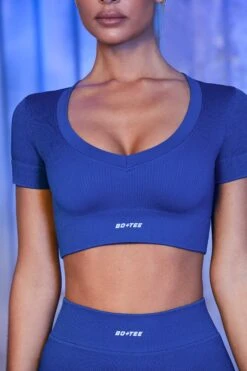 V Neck Short Sleeve Crop Top In Blue -Core Fit Shop blue 13 2