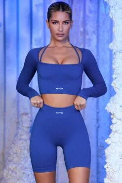 Strap Detail Long Sleeve Crop Top In Blue 15 Strap Detail Long Sleeve Crop Top In Blue -Core Fit Shop blue 19