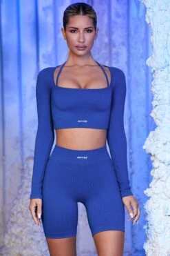 Strap Detail Long Sleeve Crop Top In Blue