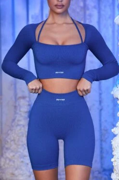 Strap Detail Long Sleeve Crop Top In Blue 12 Strap Detail Long Sleeve Crop Top In Blue -Core Fit Shop blue 21