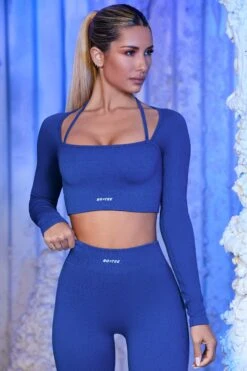 Strap Detail Long Sleeve Crop Top In Blue 11 Strap Detail Long Sleeve Crop Top In Blue -Core Fit Shop blue 23