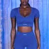 V Neck Short Sleeve Crop Top In Blue 1 V Neck Short Sleeve Crop Top In Blue -Core Fit Shop blue 4 1 3