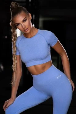 Determined Seamless Crop Top In Blue -Core Fit Shop bt0003 bt0004 7 unstoppable determined blue crop top high waisted leggings work out