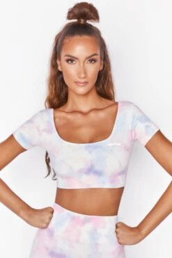 Elevate Seamless Short Sleeve Crop Top In Tie Dye -Core Fit Shop bt0022 bt0025 2 tiedye short cap sleeve cycling shorts two piece set gym workout wear 2