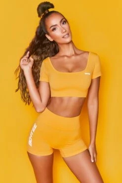 Elevate Seamless Short Sleeve Crop Top In Orange -Core Fit Shop bt0022 bt0025 5 orange short cap sleeve cycling shorts two piece set gym workout wear 3