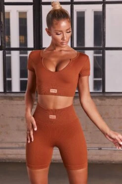 Game On Ribbed Cycling Shorts In Light Brown -Core Fit Shop bt0036 bt0041 5 in charge game on light brown ribbed crop tshirt cycling shorts workout set 1