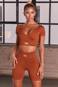 Game On Ribbed Cycling Shorts In Light Brown -Core Fit Shop bt0036 bt0041 6 in charge game on light brown ribbed crop tshirt cycling shorts workout set 1