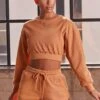 Loosen Up Ribbed Mini Shorts In Caramel 2 Loosen Up Ribbed Mini Shorts In Caramel -Core Fit Shop bt0039 bt0038 1 loosen up at ease caramel ribbed crop top sweatshirt drawstring shorts sports gym wear athleisure two piece set
