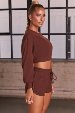 Ribbed Mini Shorts In Chocolate Brown -Core Fit Shop bt0039 bt0038 2 loosen up at ease dark brown ribbed crop top sweatshirt drawstring shorts sports gym wear athleisure two piece set