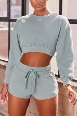 Ribbed Mini Shorts In Teal 8 Ribbed Mini Shorts In Teal -Core Fit Shop bt0039 bt0038 3 loosen up at ease blue ribbed crop top sweatshirt drawstring shorts sports gym wear athleisure two piece set 1
