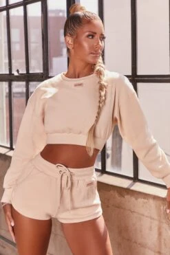 Ribbed Mini Shorts In Cream -Core Fit Shop bt0039 bt0038 3 loosen up at ease cream ribbed crop top sweatshirt drawstring shorts sports gym wear athleisure two piece set