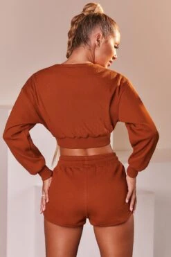 Ribbed Mini Shorts In Light Brown 8 Ribbed Mini Shorts In Light Brown -Core Fit Shop bt0039 bt0038 3 loosen up at ease light brown ribbed crop top sweatshirt drawstring shorts sports gym wear athleisure two piece set