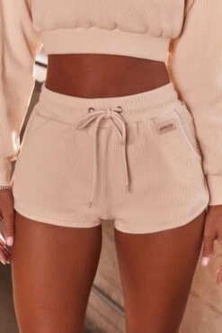 Ribbed Mini Shorts In Cream -Core Fit Shop bt0039 bt0038 4 loosen up at ease cream ribbed crop top sweatshirt drawstring shorts sports gym wear athleisure two piece set