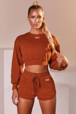 Ribbed Mini Shorts In Light Brown 9 Ribbed Mini Shorts In Light Brown -Core Fit Shop bt0039 bt0038 4 loosen up at ease light brown ribbed crop top sweatshirt drawstring shorts sports gym wear athleisure two piece set