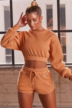 Loosen Up Ribbed Mini Shorts In Caramel -Core Fit Shop bt0039 bt0038 5 loosen up at ease caramel ribbed crop top sweatshirt drawstring shorts sports gym wear athleisure two piece set