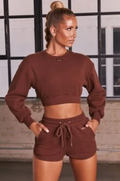 Ribbed Mini Shorts In Chocolate Brown -Core Fit Shop bt0039 bt0038 5 loosen up at ease dark brown ribbed crop top sweatshirt drawstring shorts sports gym wear athleisure two piece set
