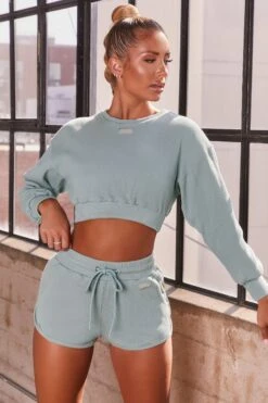 Ribbed Mini Shorts In Teal 9 Ribbed Mini Shorts In Teal -Core Fit Shop bt0039 bt0038 6 loosen up at ease blue ribbed crop top sweatshirt drawstring shorts sports gym wear athleisure two piece set