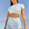 Fresh Slinky Short Sleeve Crop Top In Blue -Core Fit Shop bt0058 bt0059 1 blue flourish fresh floral ruched short sleeve top high waist shorts tie side two piece sportswear 1
