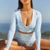 Growth Slinky Long Sleeve Crop Top In Blue -Core Fit Shop bt0061 1 growth blue long sleeve cross over bust flattering floral crop top