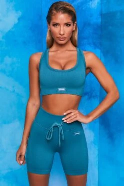 On Repeat Ribbed Tie Front Cycling Shorts In Teal