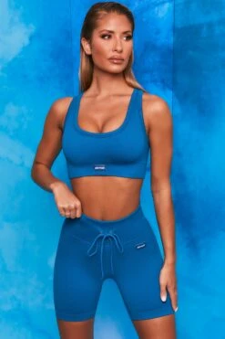 On Repeat Ribbed Tie Front Cycling Shorts In Blue -Core Fit Shop bt0100 bt0105 3 shape on repeat blue racer back sports bra high wasit tie front cycling shorts sportswear set 1