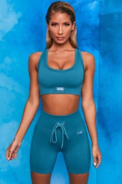On Repeat Ribbed Tie Front Cycling Shorts In Teal -Core Fit Shop bt0100 bt0105 3 shape on repeat teal racer back sports bra high wasit tie front cycling shorts sportswear set