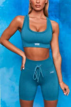 On Repeat Ribbed Tie Front Cycling Shorts In Teal -Core Fit Shop bt0100 bt0105 4 shape on repeat teal racer back sports bra high wasit tie front cycling shorts sportswear set