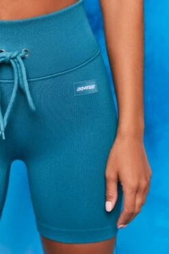 On Repeat Ribbed Tie Front Cycling Shorts In Teal -Core Fit Shop bt0100 bt0105 5 shape on repeat teal racer back sports bra high wasit tie front cycling shorts sportswear set
