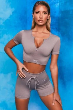 Results Ribbed Tie Front Mini Shorts In Dark Grey 13 Results Ribbed Tie Front Mini Shorts In Dark Grey -Core Fit Shop bt0102 bt0104 1 perform results dark grey zip front short sleeve crop top tie front shorts sportswear set 1