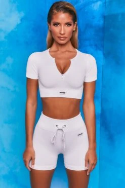 Results Ribbed Tie Front Mini Shorts In White