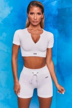 Results Ribbed Tie Front Mini Shorts In White -Core Fit Shop bt0102 bt0104 2 perform results white ribbed zip short sleeve crop tshirt crop top shorts drawstring two piece set 1