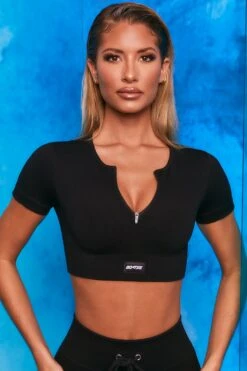 Perform Ribbed Short Sleeve Zip Front Crop Top In Black -Core Fit Shop bt0102 bt0104 3 perform results black zip front short sleeve crop top tie front shorts sportswear set