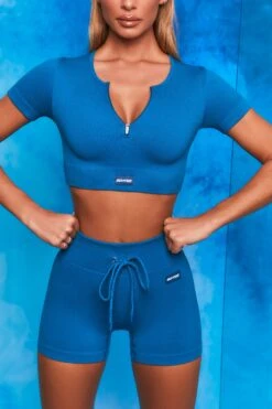 Results Ribbed Tie Front Mini Shorts In Blue -Core Fit Shop bt0102 bt0104 6 perform results dark grey zip front short sleeve crop top tie front shorts sportswear set 1 2