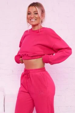 Cropped Sweatshirt In Hot Pink -Core Fit Shop bt0129 bt0130 11 self love take care hot pink heart logo comfy cropped sweater joggers sportswear crop