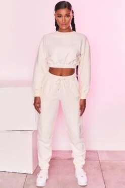 Cropped Sweatshirt In Ivory -Core Fit Shop bt0129 bt0130 1 self love take care ivory heart logo comfy cropped sweater joggers sportswear