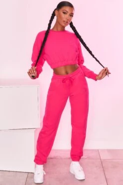 Cropped Sweatshirt In Hot Pink -Core Fit Shop bt0129 bt0130 3 self love take care hot pink heart logo comfy cropped sweater joggers sportswear 3