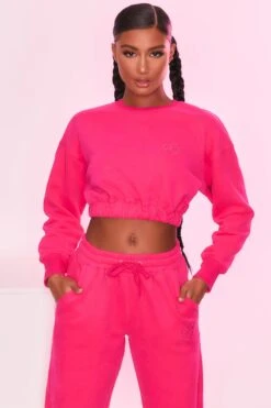 Cropped Sweatshirt In Hot Pink -Core Fit Shop bt0129 bt0130 4 self love take care hot pink heart logo comfy cropped sweater joggers sportswear 2
